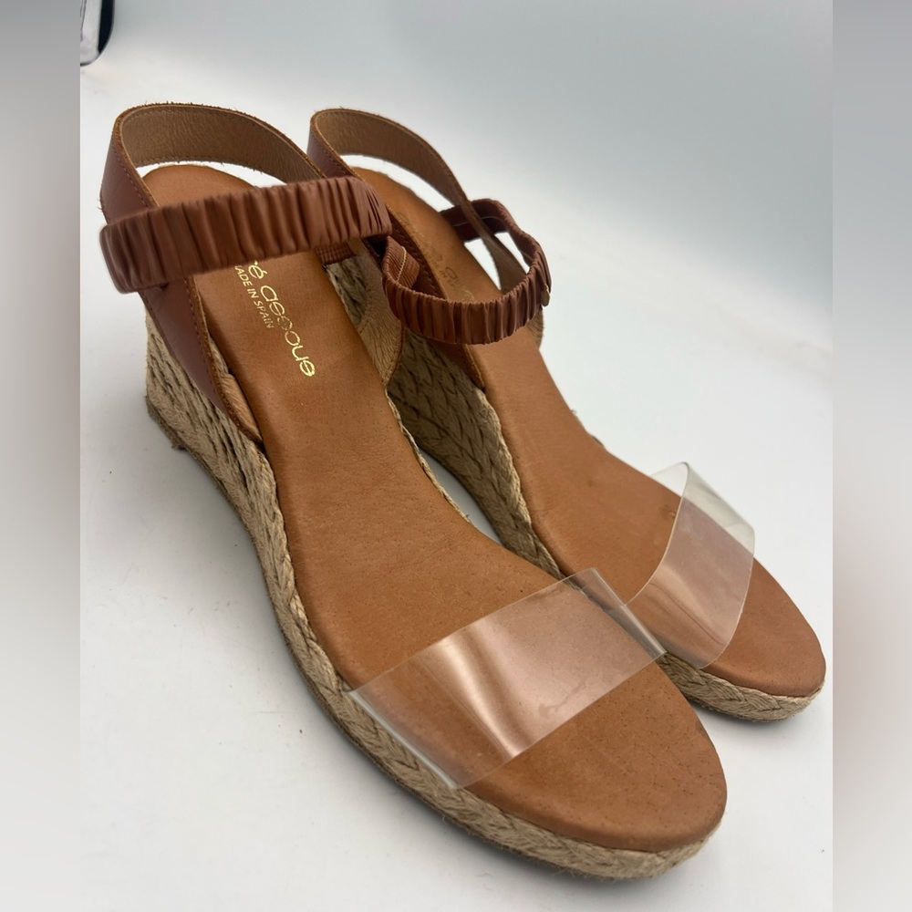 Andre Assous Brown Espadrille Wedge Sandals with Clear Strap